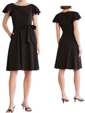 Calvin Klein Women Black Flutter-Sleeve A-Line Dress with Waist Tie Belt Size 4